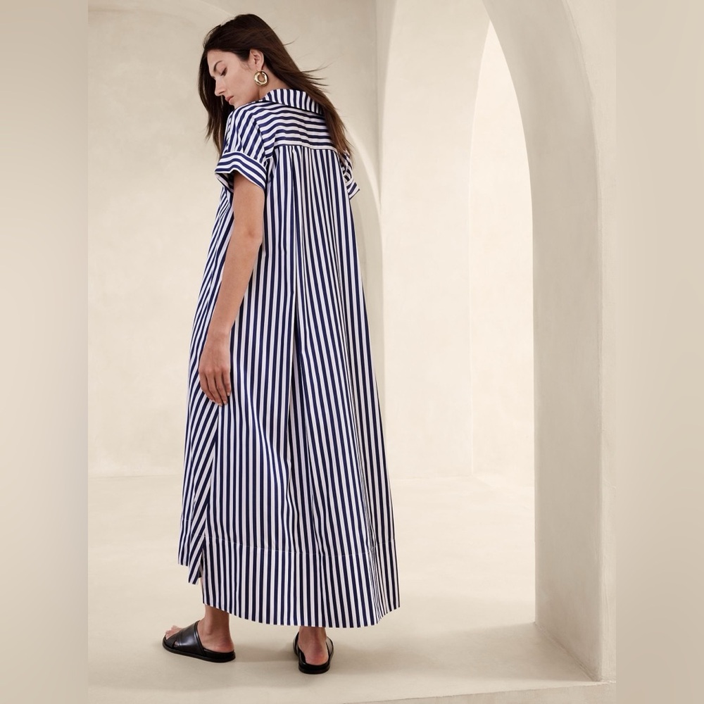 Banana Republic Navy and White Striped Maxi Shirt poplin Dress - Picture 2 of 10